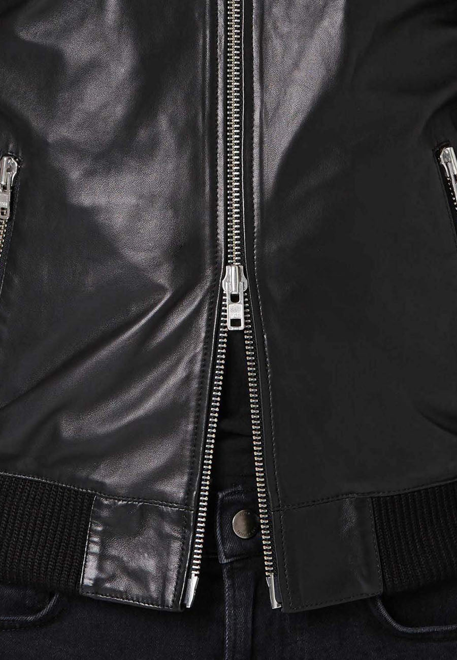 Men's Black Leather Bomber Jacket Double Zipper