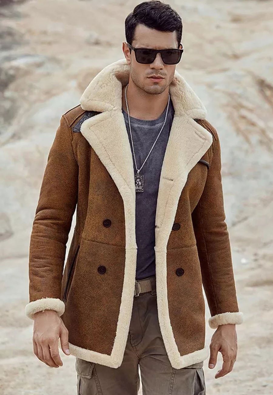 Men’s Camel Brown Leather Shearling Long Coat