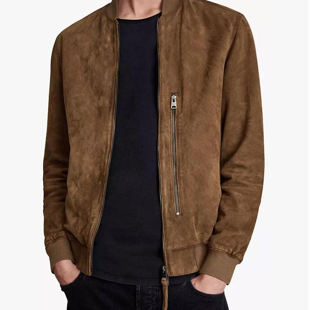 Men's Suede Real Leather Bomber Jacket In Brown
