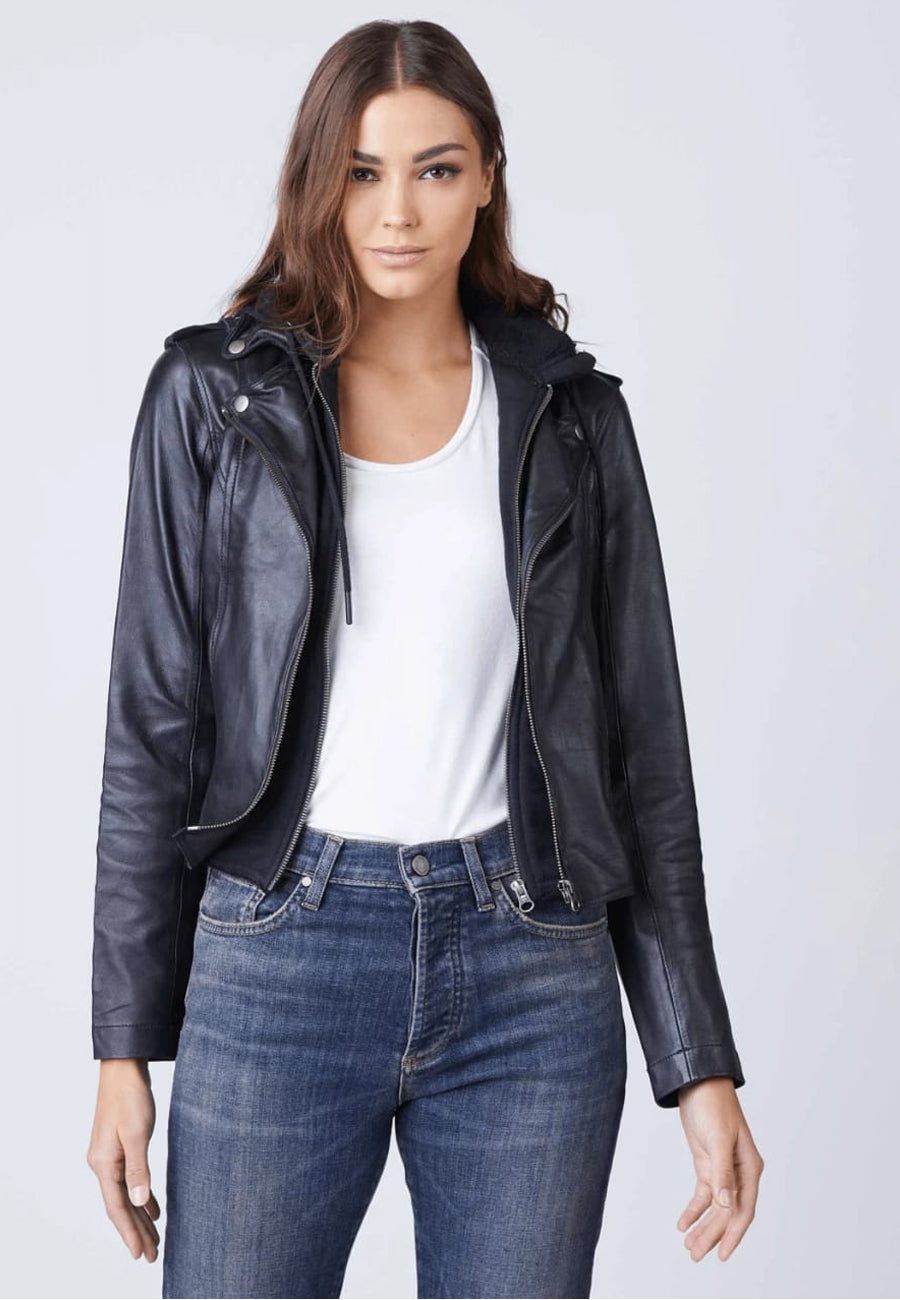 Women's Black Leather Jacket Removable Hood
