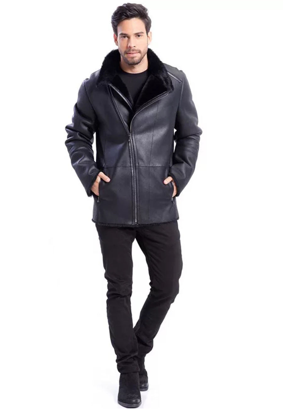 Men’s Black Leather Shearling Long Coat