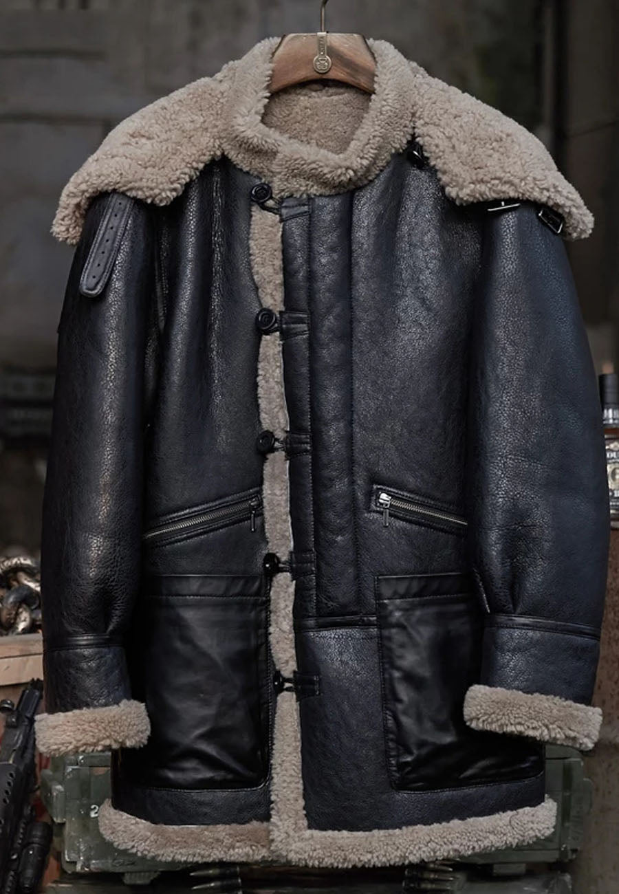 Men’s B7 Black Shearling Camouflage Hooded Long Coat