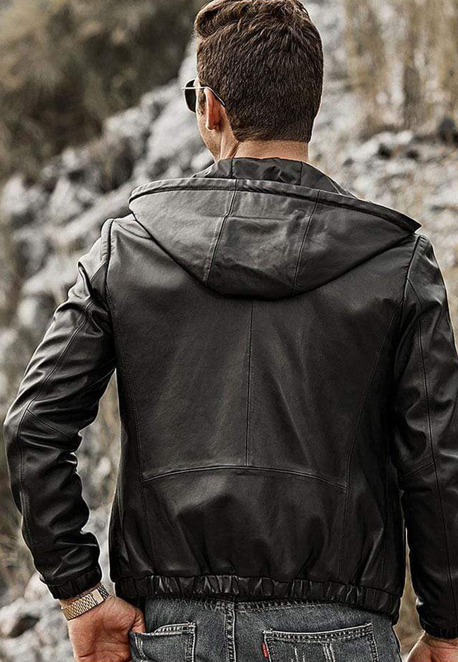 Men's Black Leather Jacket With Hood