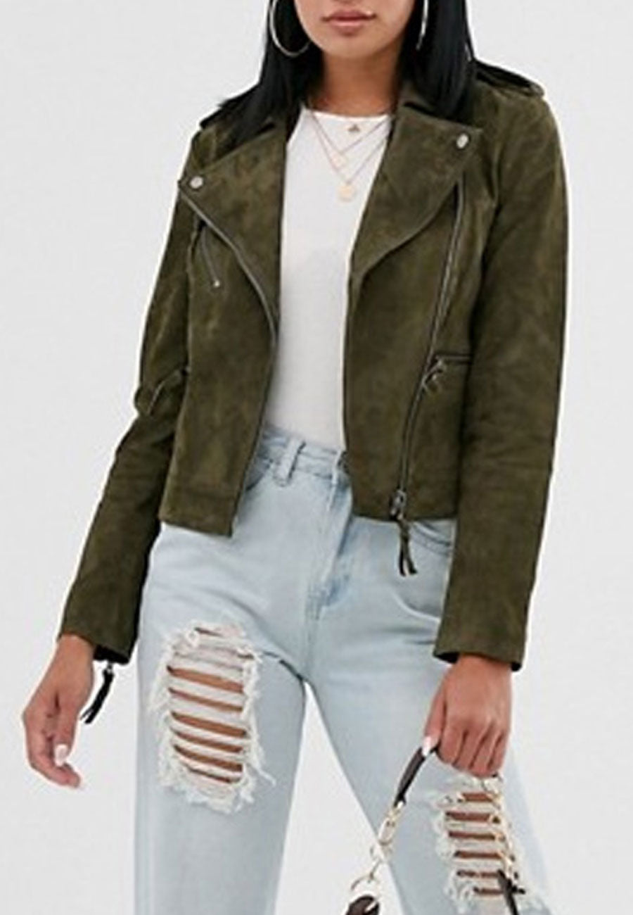 Women’s Green Suede Leather Biker Jacket