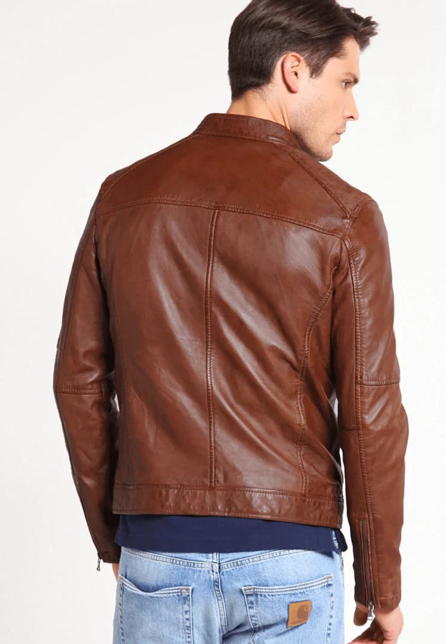 Men's Brown Leather Crew Neck Jacket