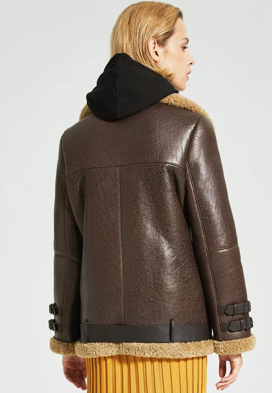 Women’s Dark Brown Leather Shearling Long Coat