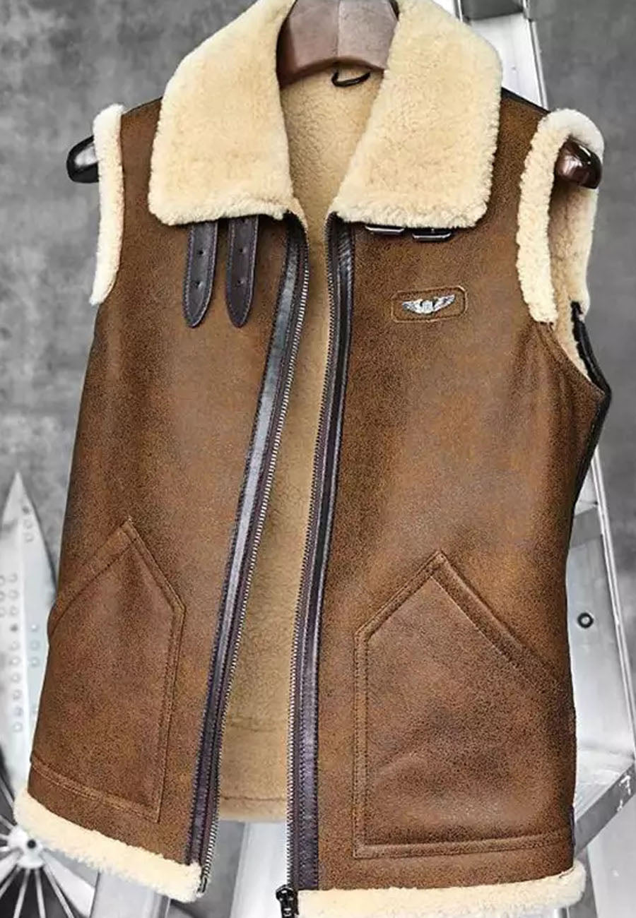 Men’s Camel Brown Leather Shearling Vest