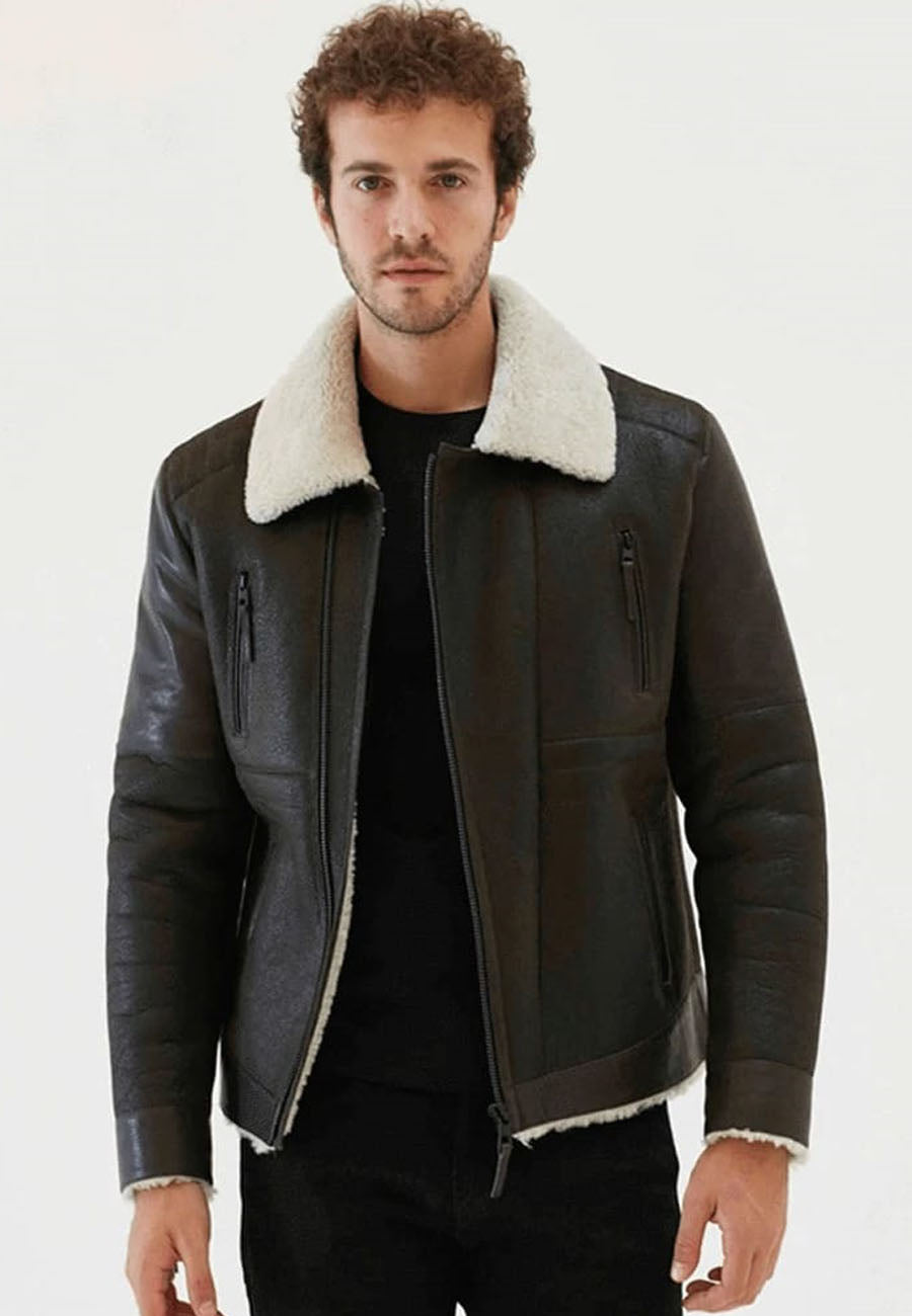 Men’s Black Leather White Shearling Collar Jacket