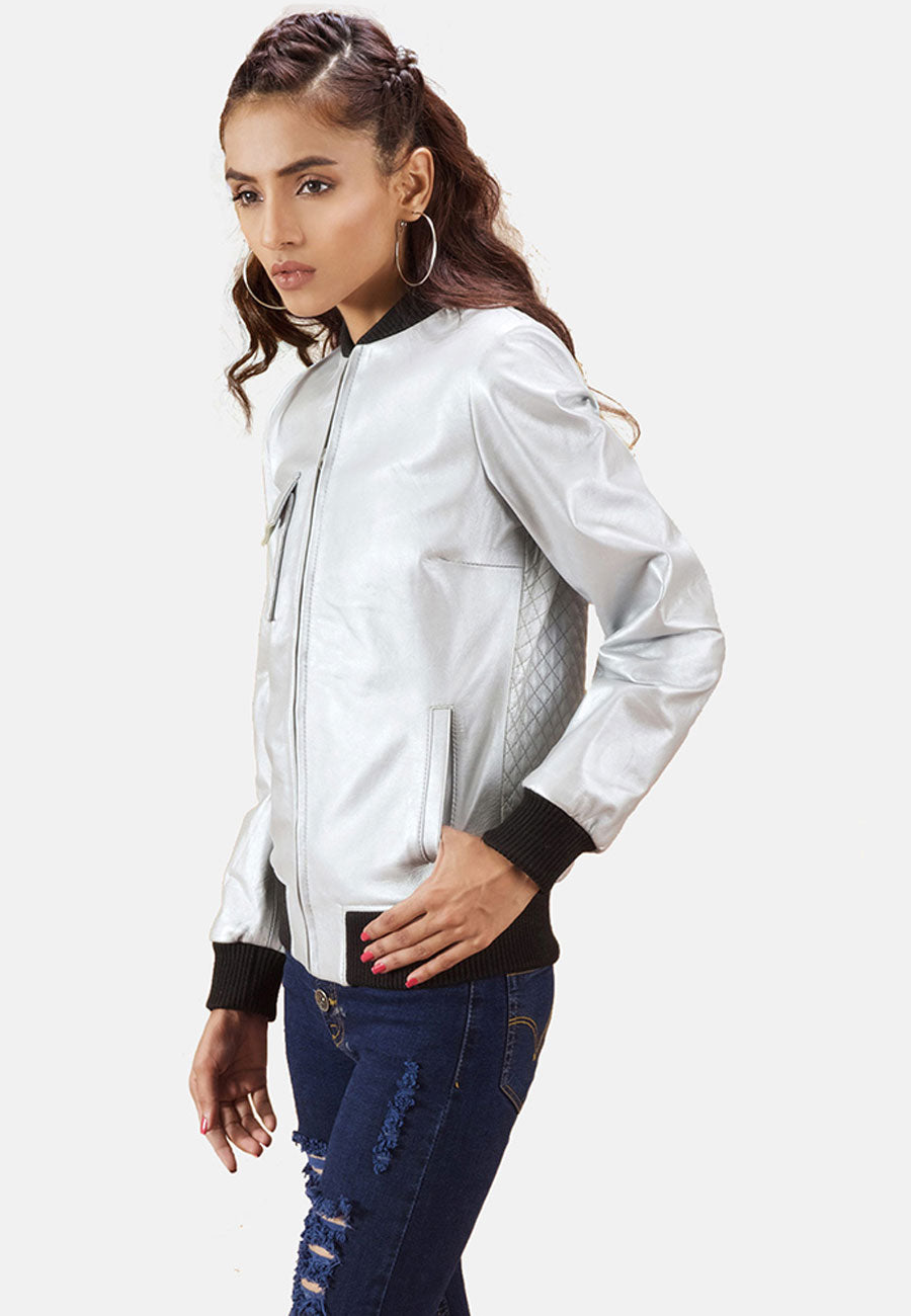 Women's White Leather Bomber Jacket