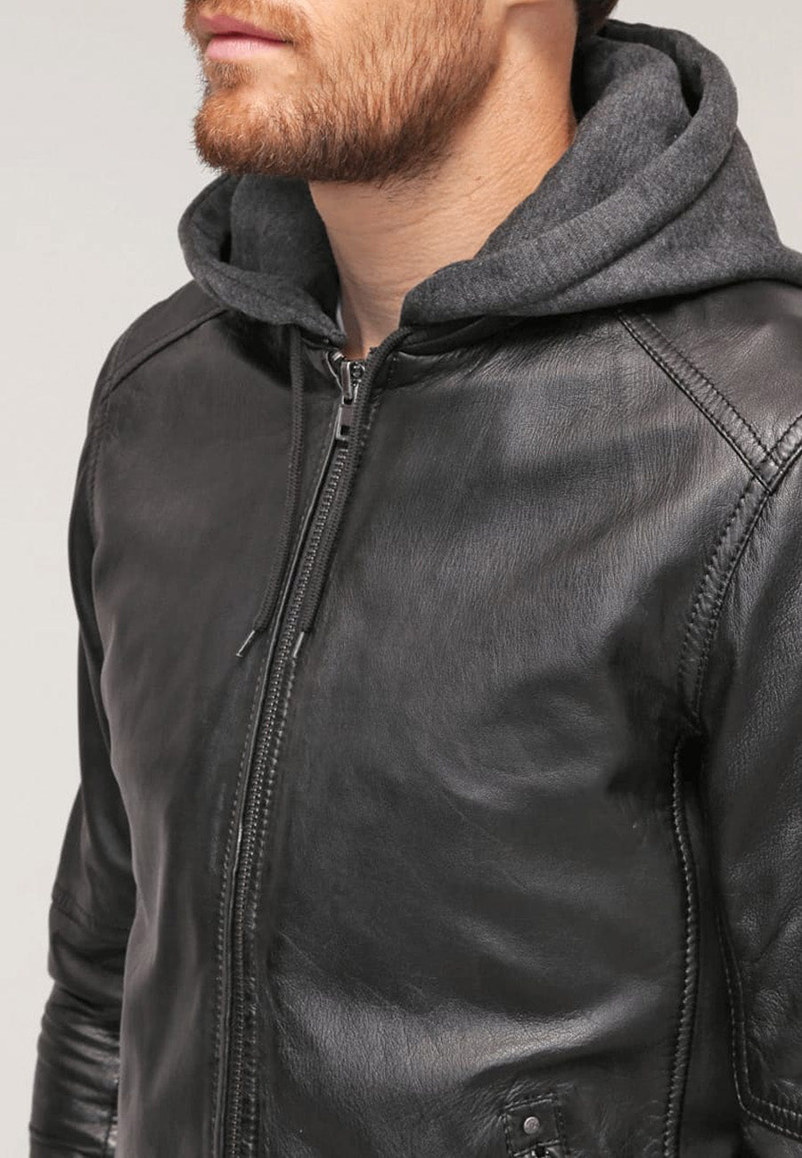 Men's Black Leather Hooded Bomber Jacket