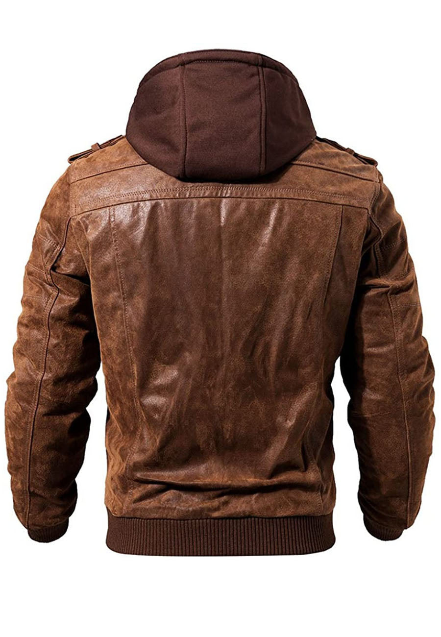 Men’s Tan Brown Leather Removable Hood Bomber Jacket