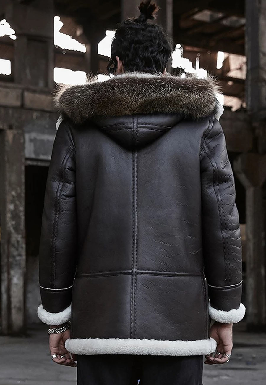 Men’s Black Leather White Shearling Removable Hooded Long Coat