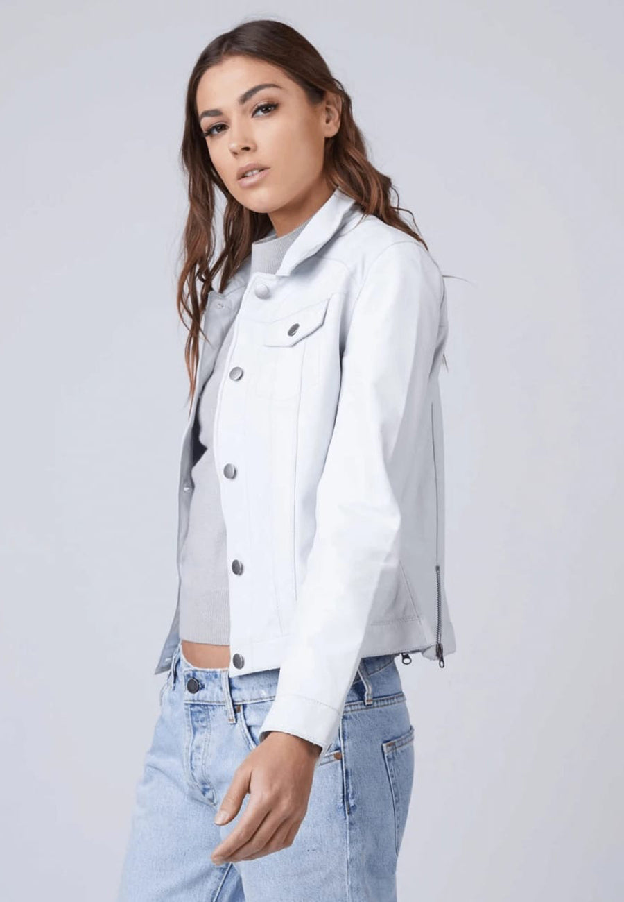Women's White Leather Trucker Jacket