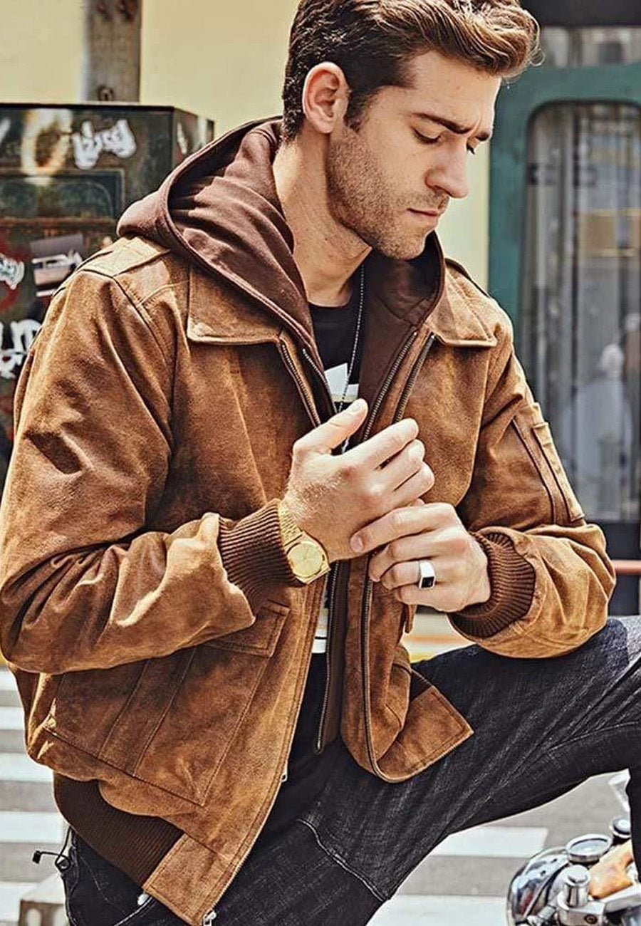 Men’s Tan Brown Distressed Leather Removable Hood Bomber Jacket