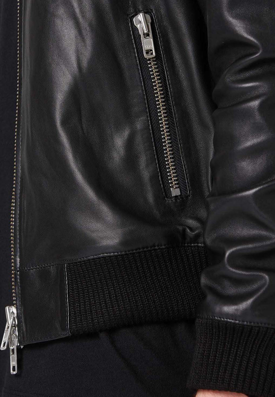 Men's Black Leather Bomber Jacket Double Zipper