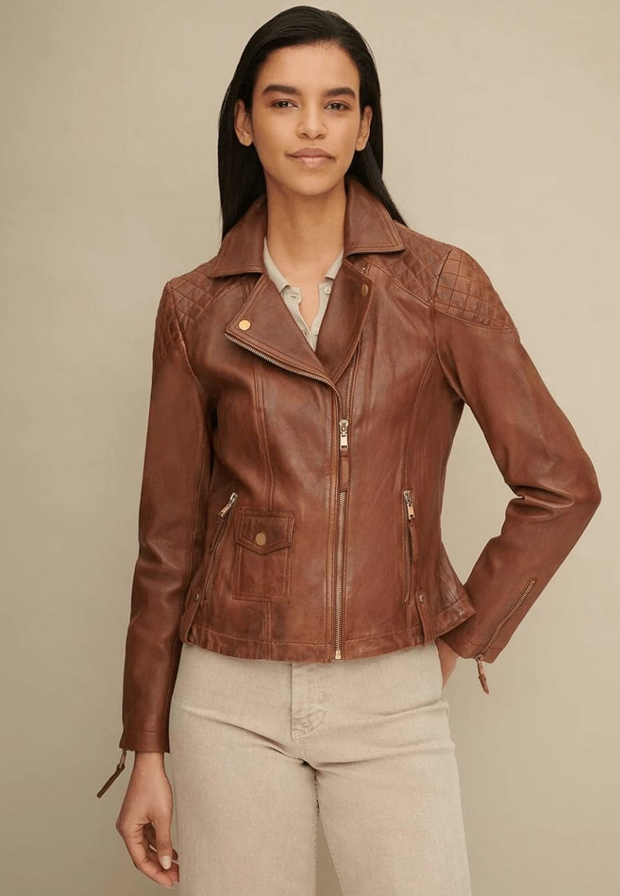 Women's Tan Brown Leather biker jacket