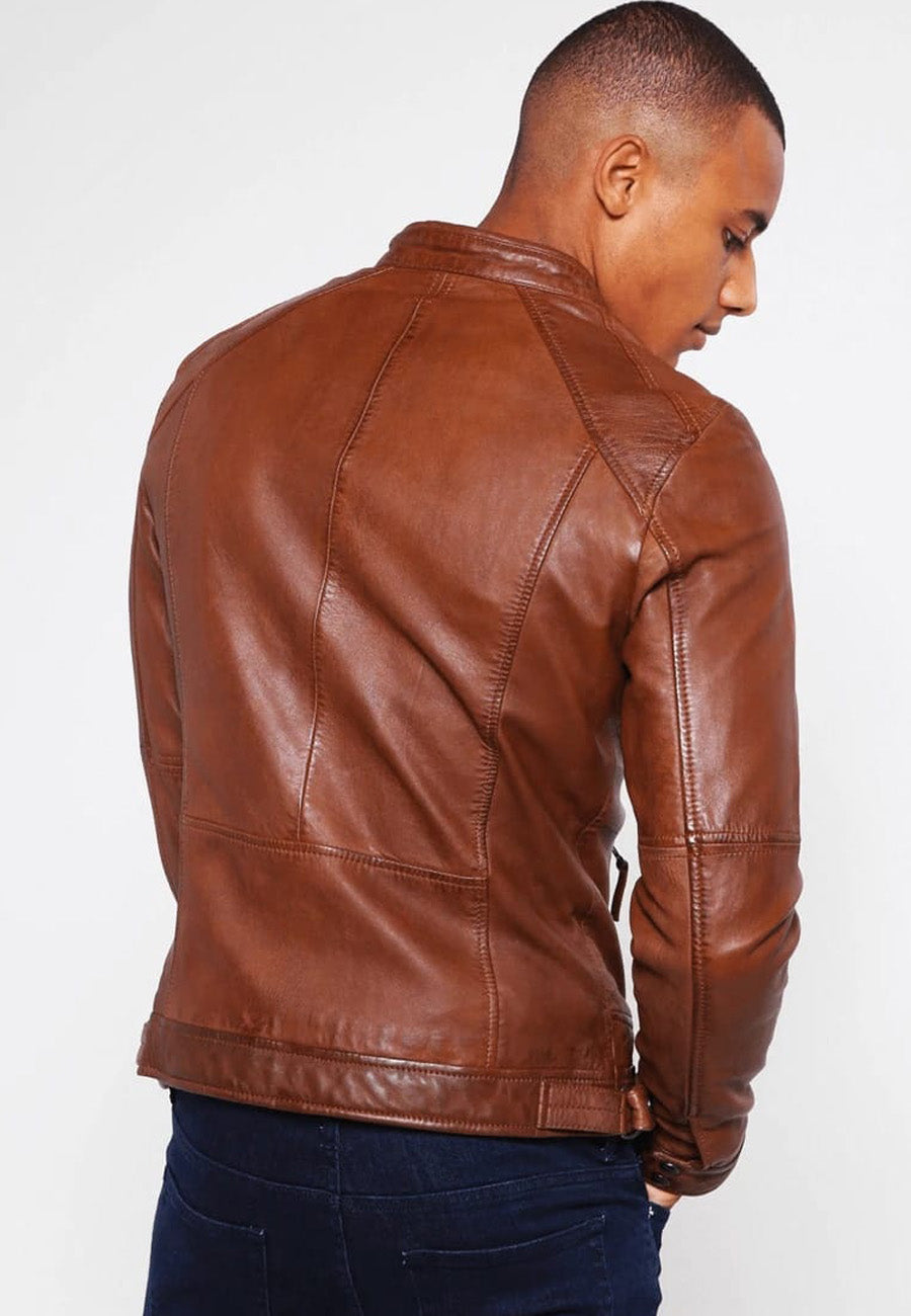 Men's Brown Leather Crew Neck Jacket