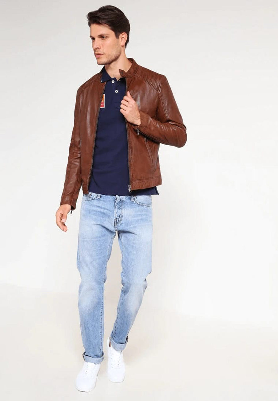 Men's Brown Leather Crew Neck Jacket