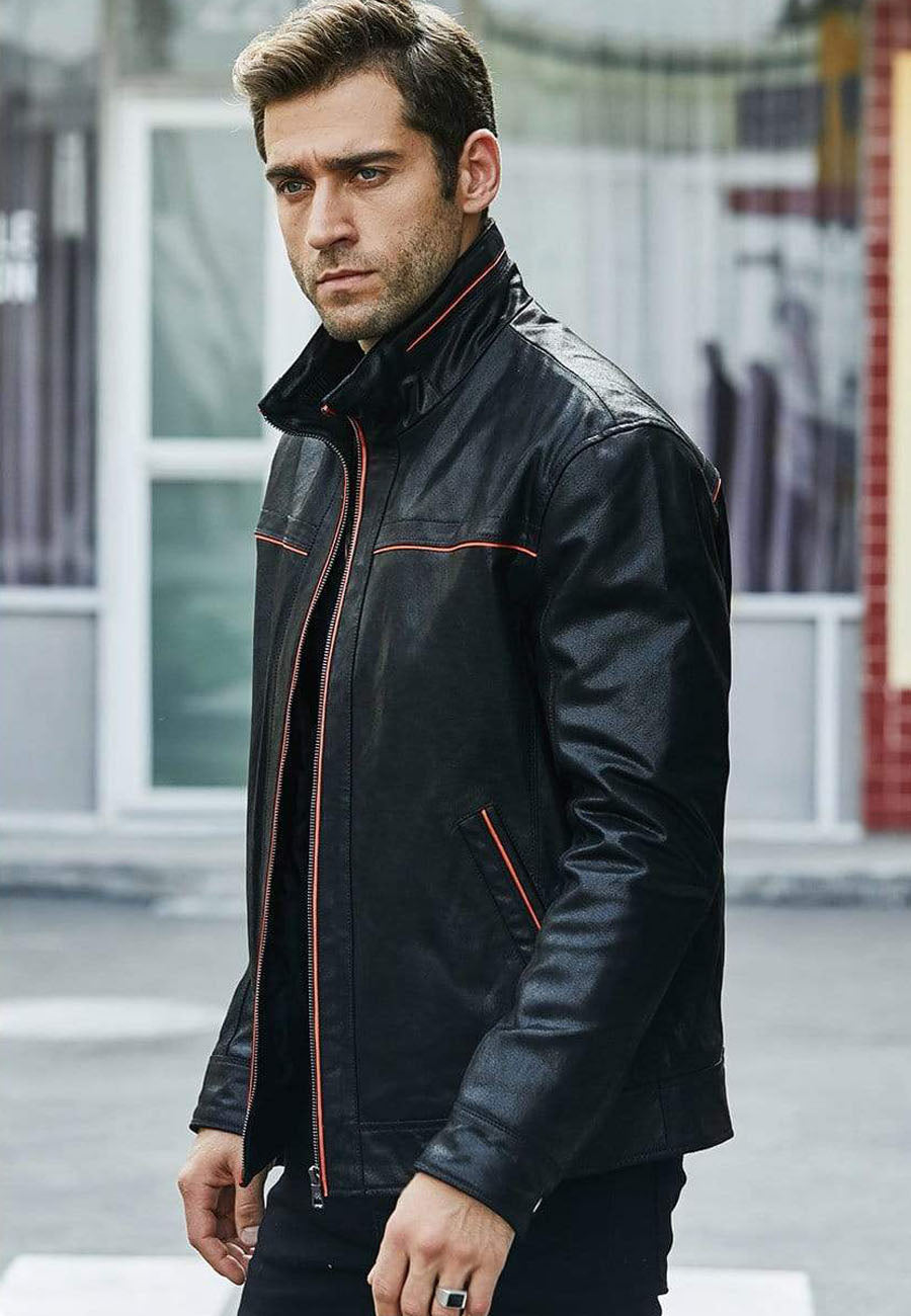 Men's Black Leather Jacket With Red Stripes