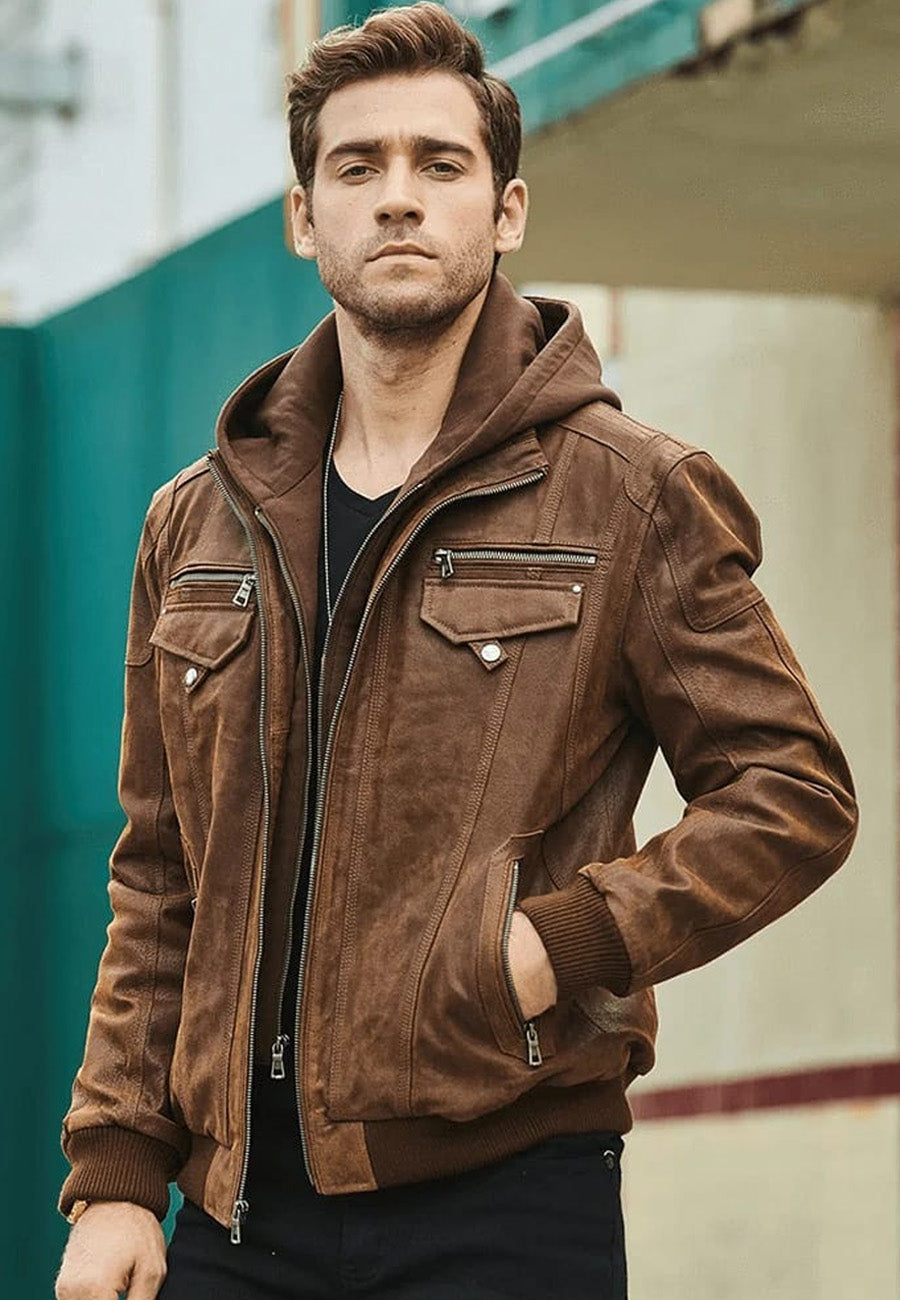 Men's Crunch Brown Leather Bomber Jacket Removable Hood
