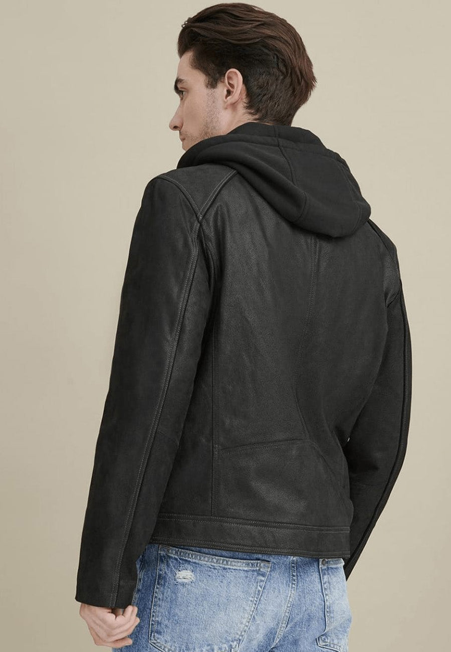 Men’s Black Leather Jacket Removable Hood