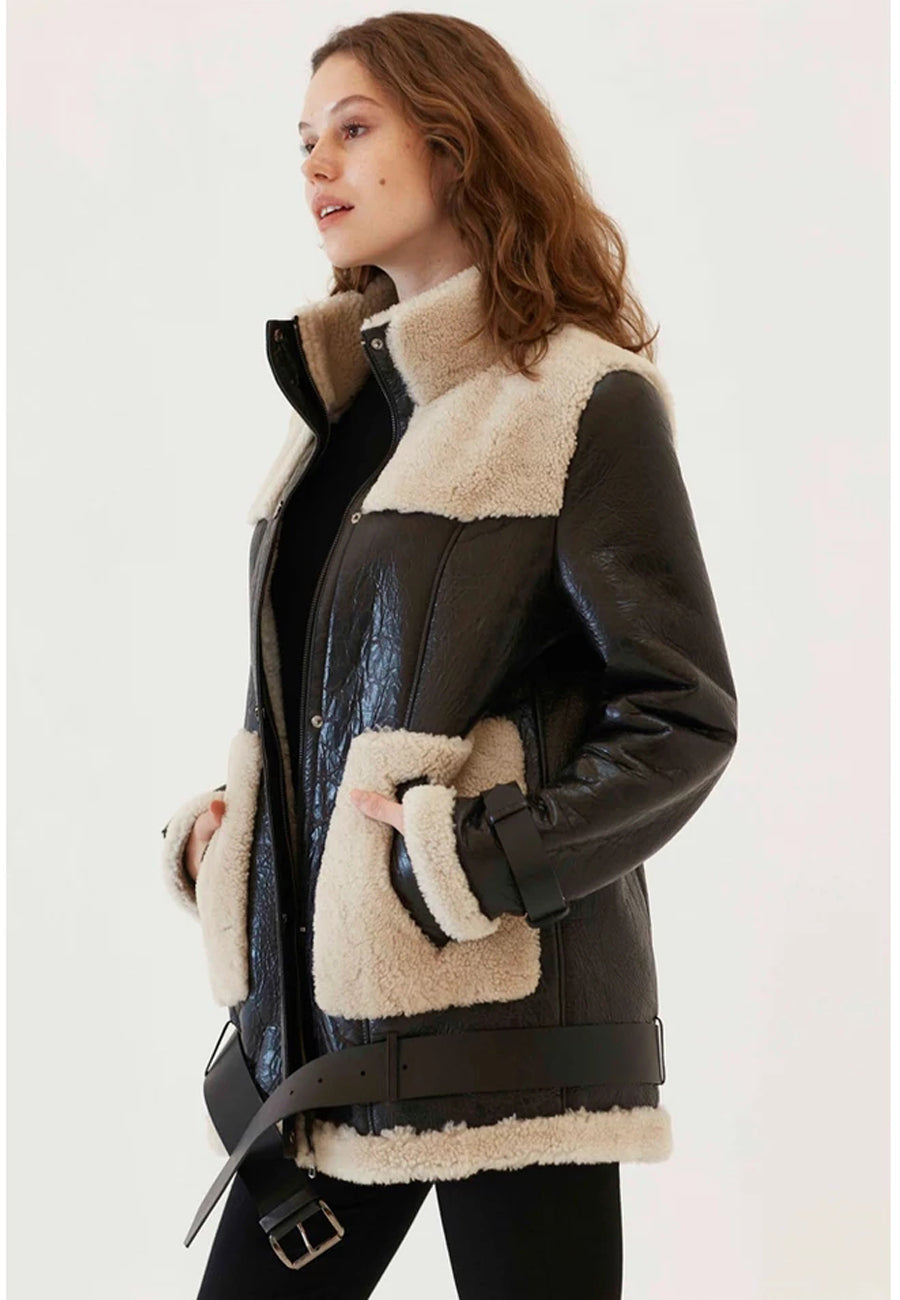 Women’s Black Leather Shearling Long Coat