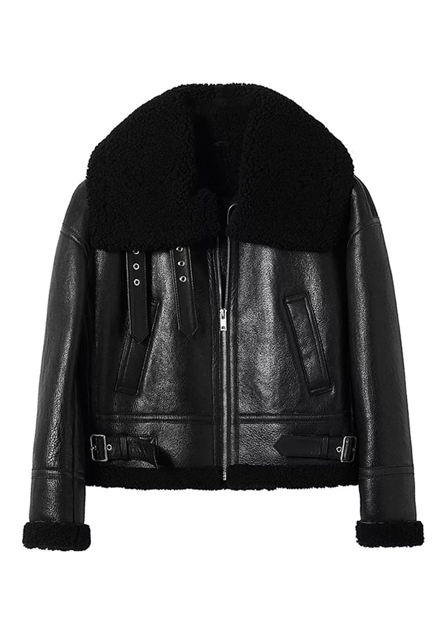 Women’s Black Leather Black Shearling Big Collared Jacket