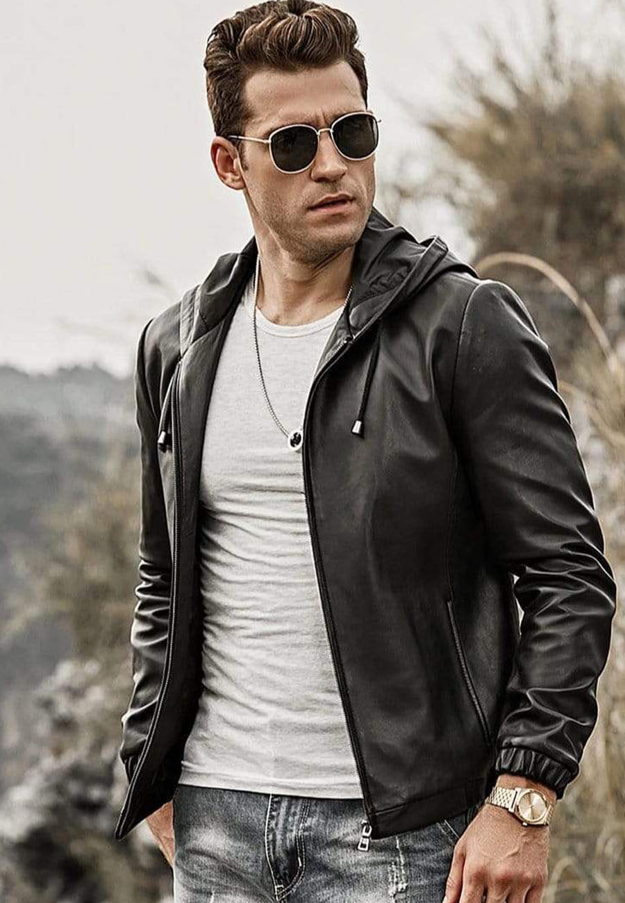 Men's Black Leather Jacket With Hood