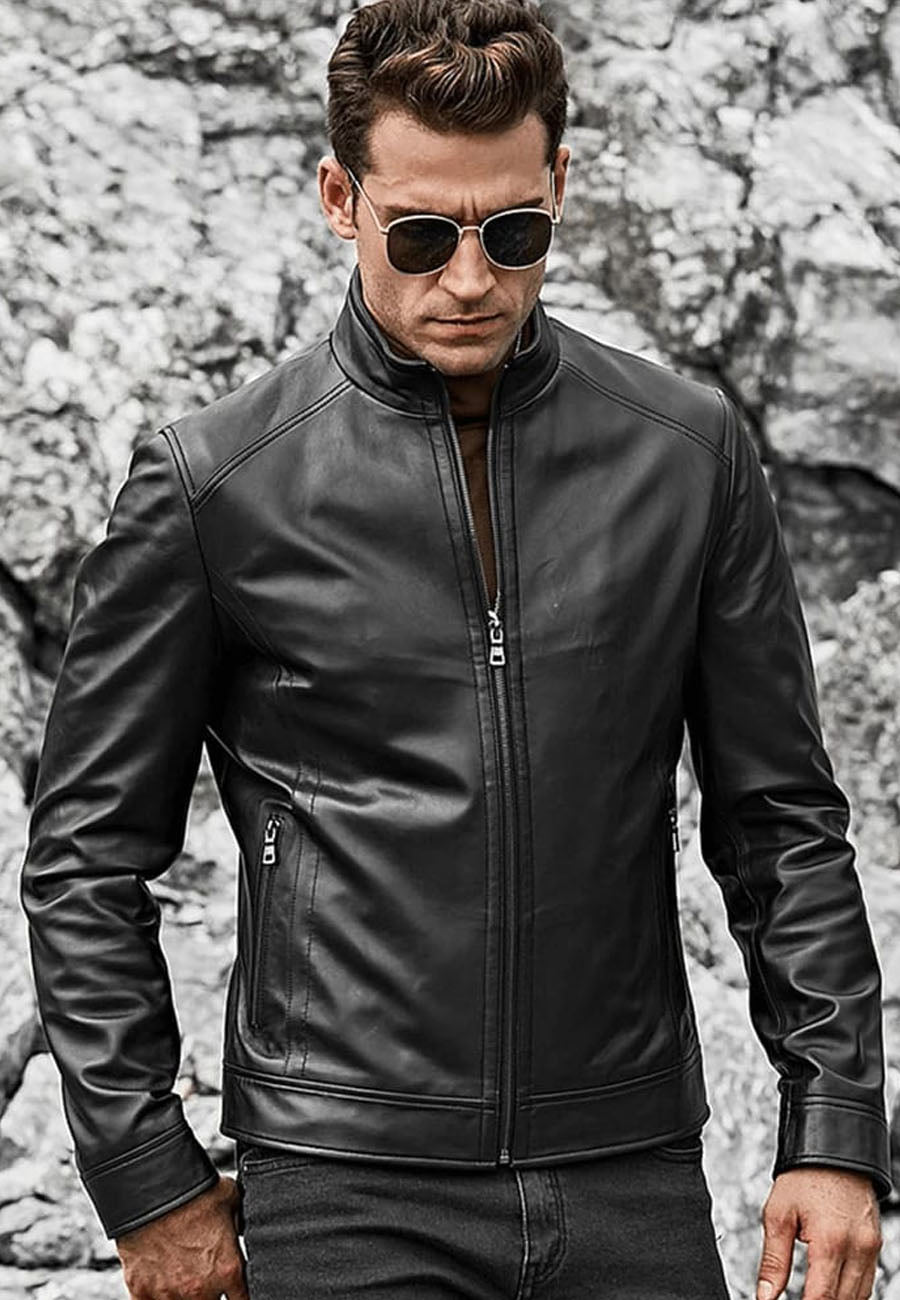 Men's Black Leather Jacket Ban Collar