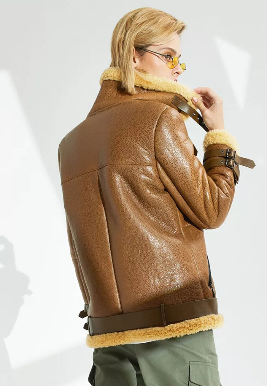 Women’s Tan Brown Leather Shearling Long Coat
