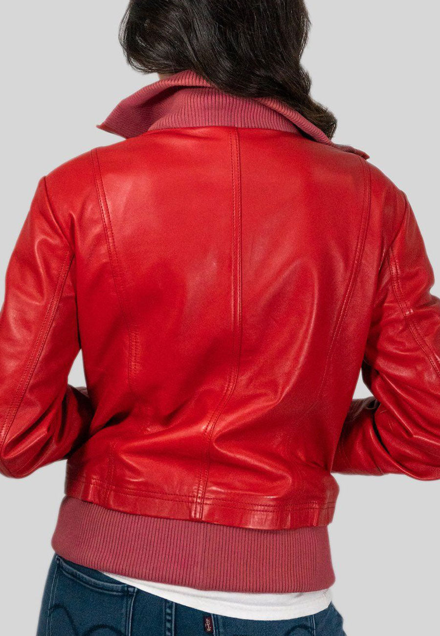 Women's Red Leather Bomber Jacket