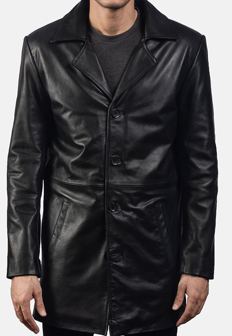 Men's Black Leather Trench Coat