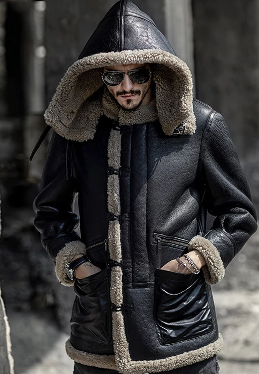 Men’s B7 Black Shearling Camouflage Hooded Long Coat