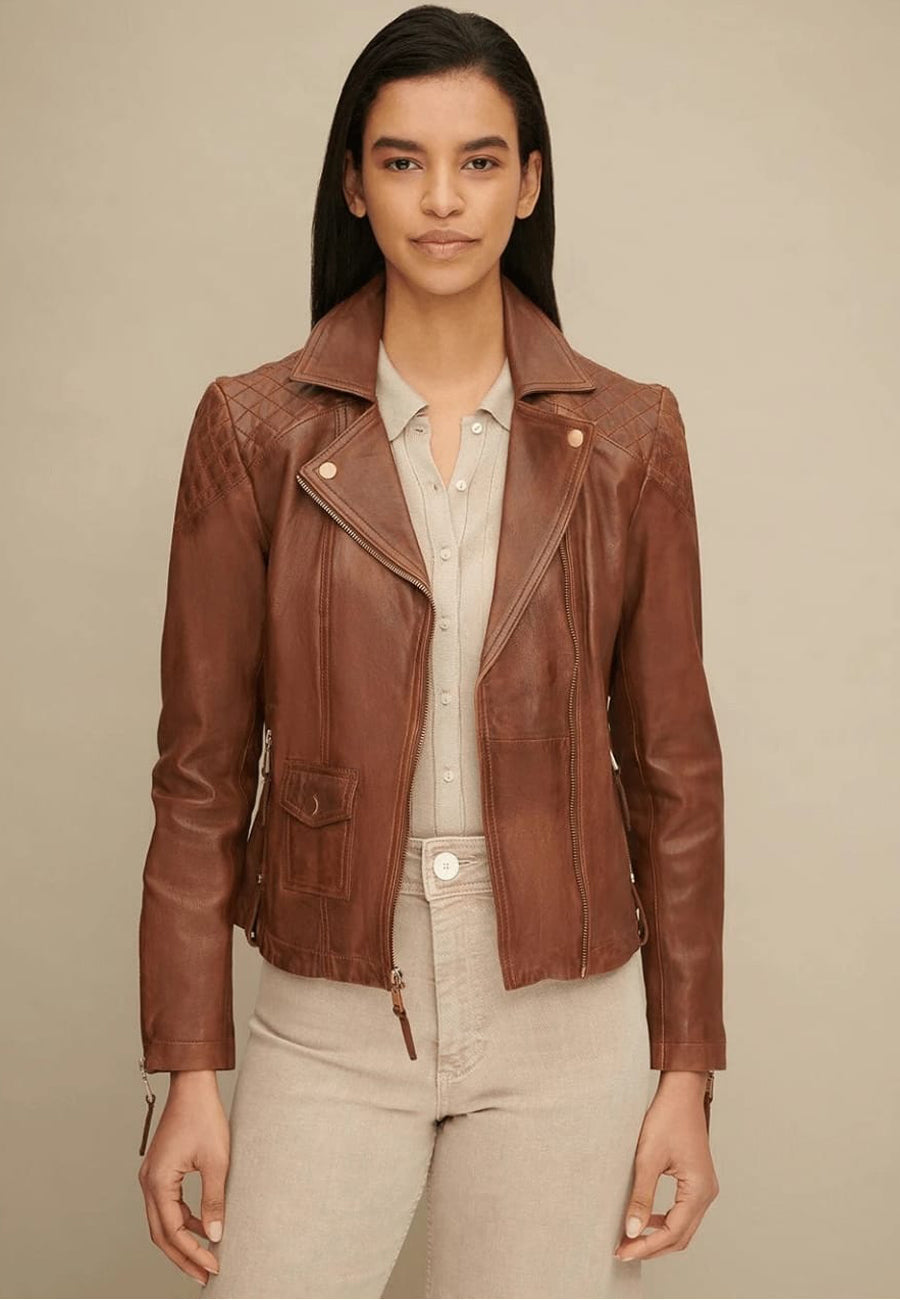 Women's Tan Brown Leather biker jacket