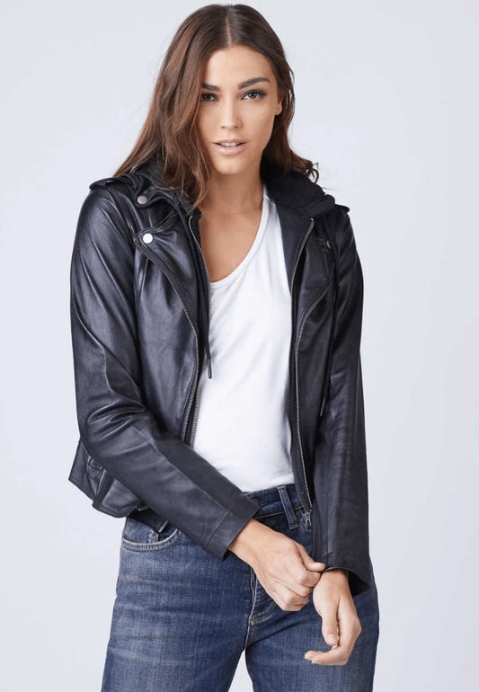 Women's Black Leather Jacket Removable Hood