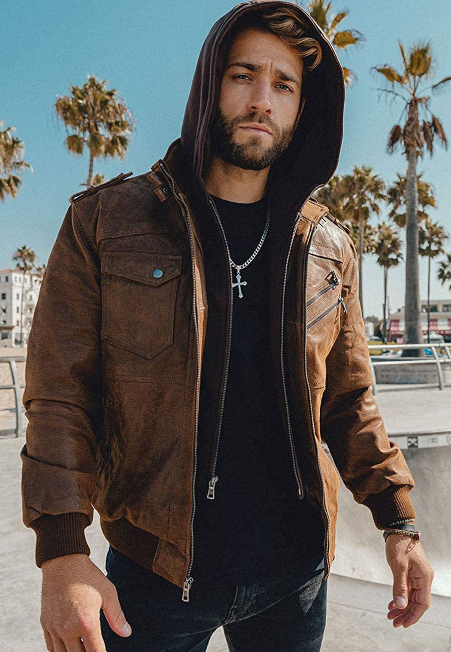 Men’s Tan Brown Leather Removable Hood Bomber Jacket