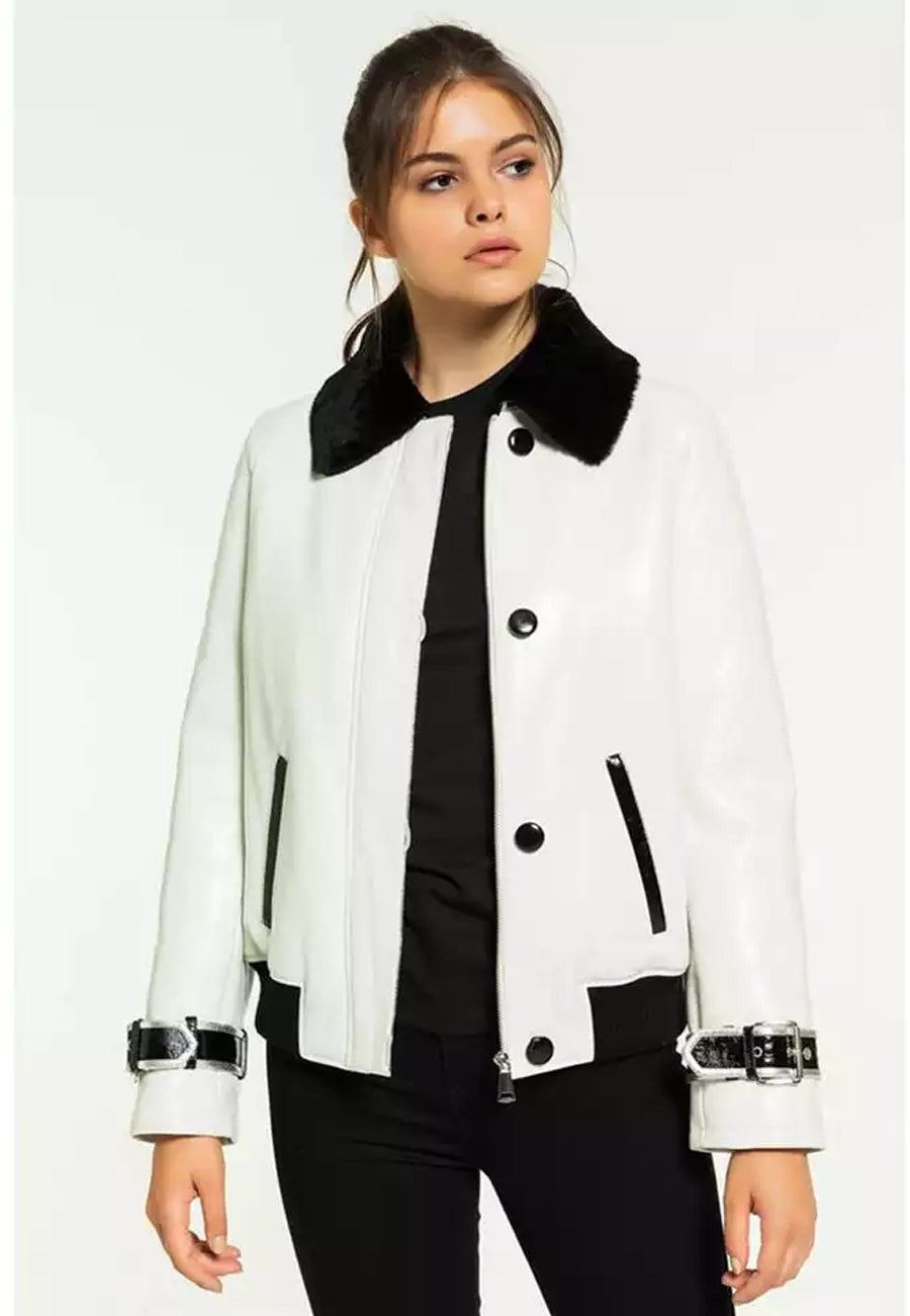 Women’s White Leather Black Collar Shearling Jacket