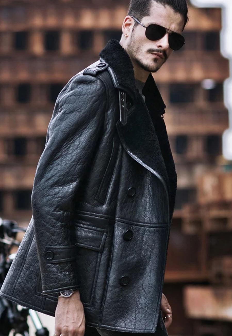 Men’s Black Leather Shearling Long Coat