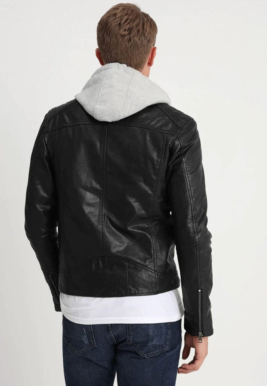 Men's Black Leather Removable Gray Hood Biker Jacket