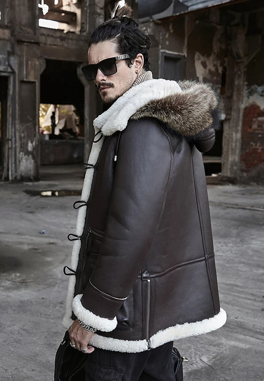 Men’s Black Leather White Shearling Removable Hooded Long Coat