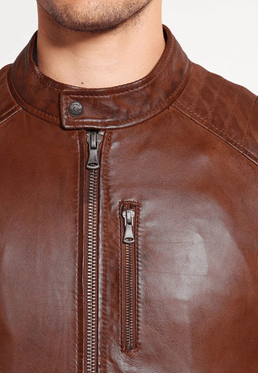 Men's Brown Leather Crew Neck Jacket