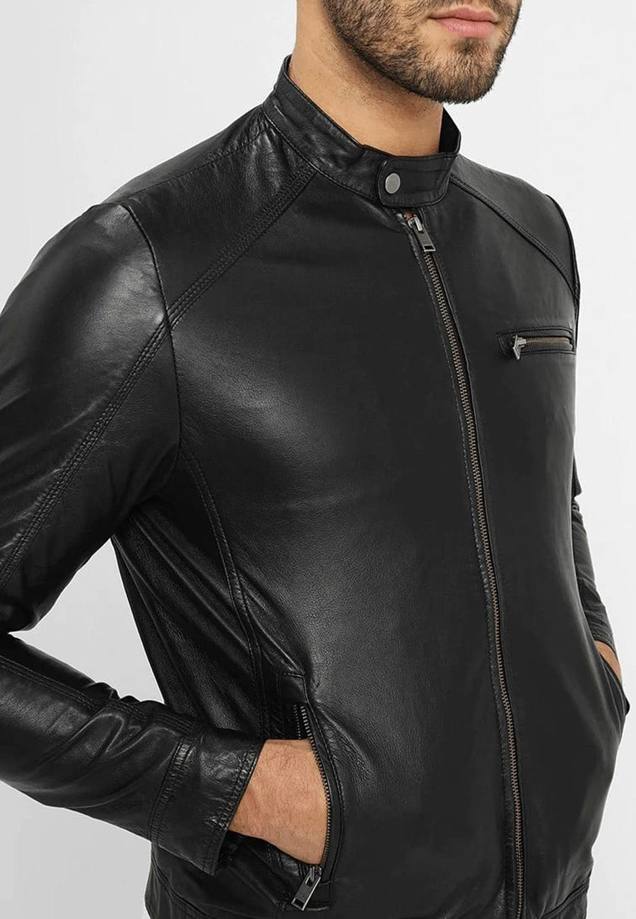 Men's Black Leather Crew Neck Jacket