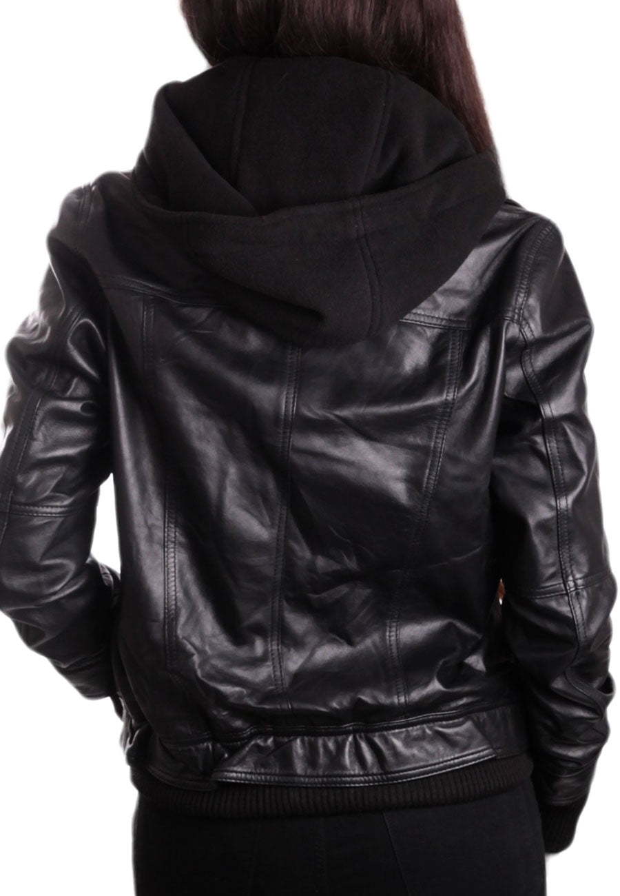 Women's Black Leather Removable Hooded Bomber Jacket