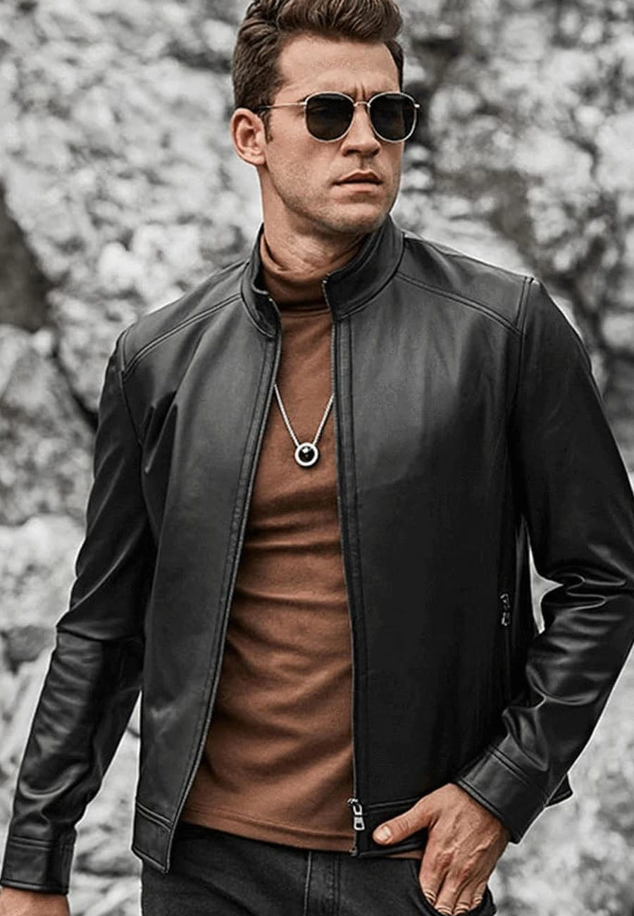 Men's Black Leather Jacket Ban Collar