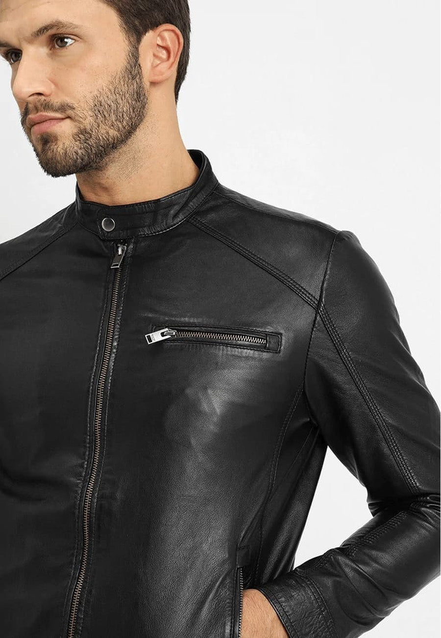 Men's Black Leather Crew Neck Jacket