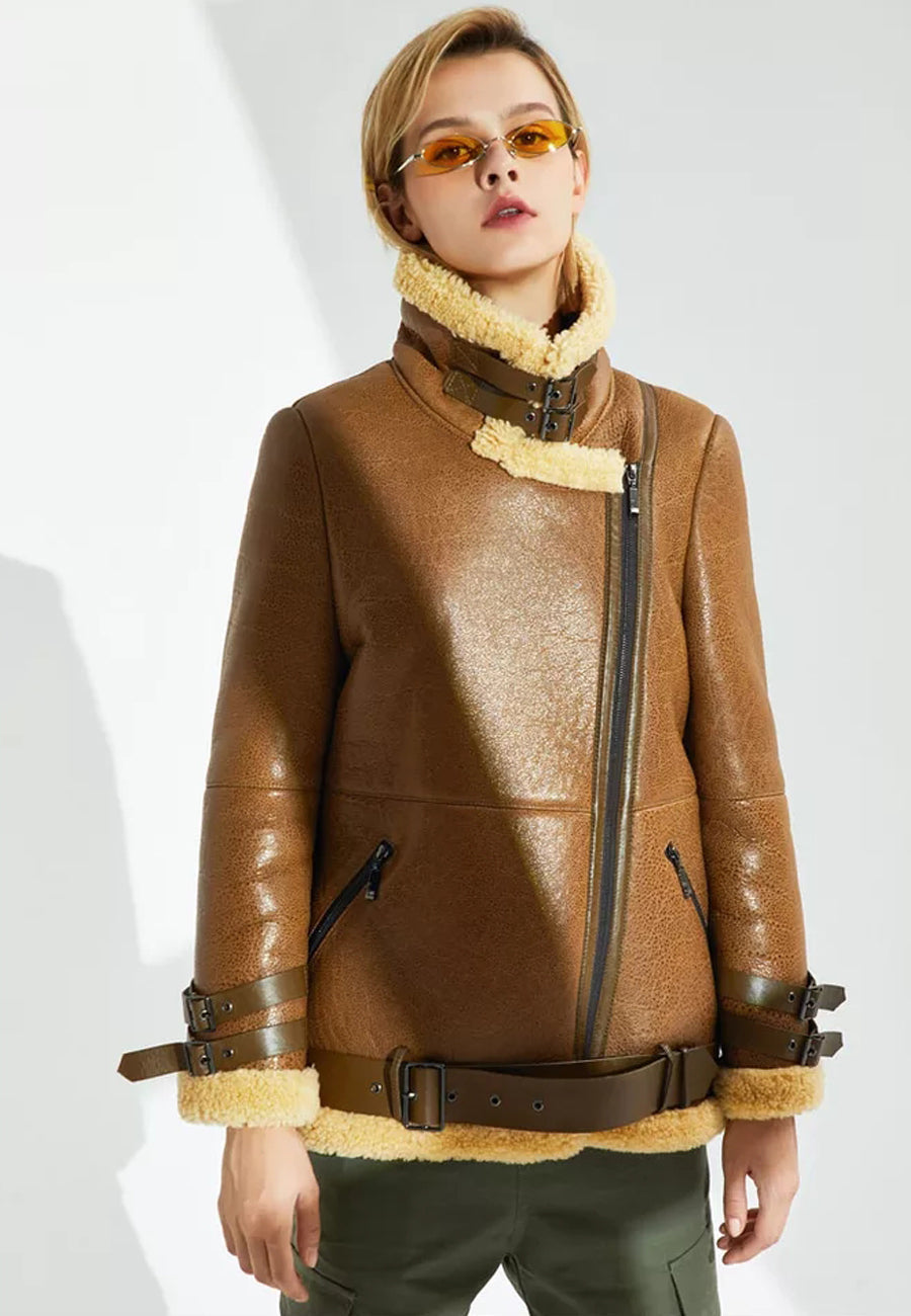 Women’s Tan Brown Leather Shearling Long Coat