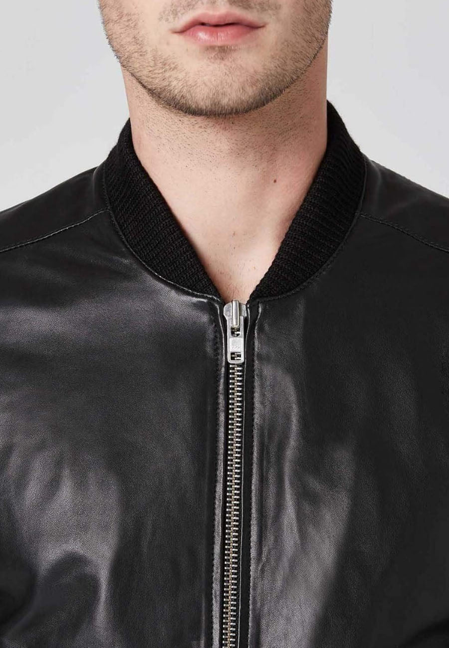 Men's Black Leather Bomber Jacket Double Zipper
