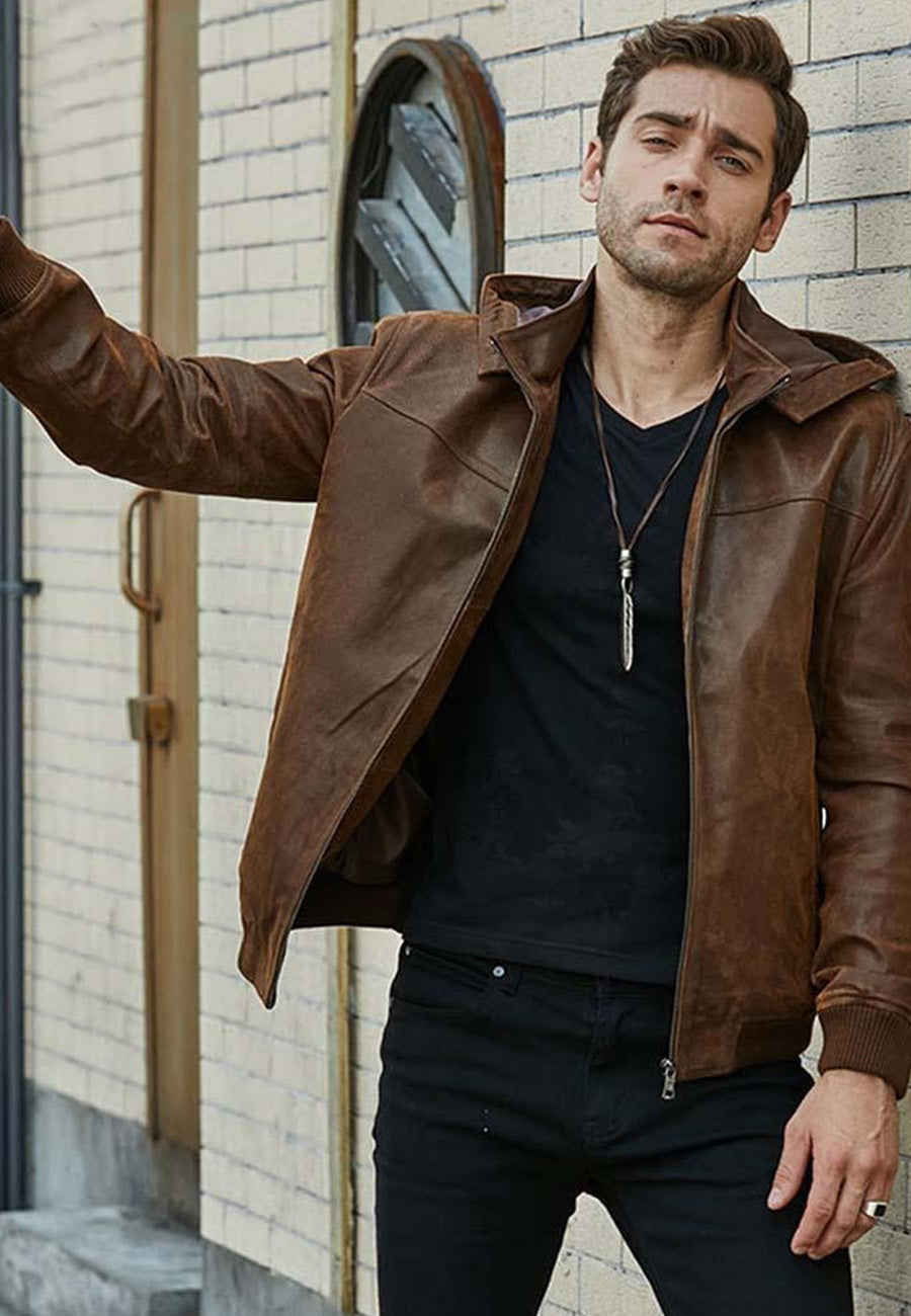 Men’s Tan Brown Leather Bomber Jacket Removable Hood