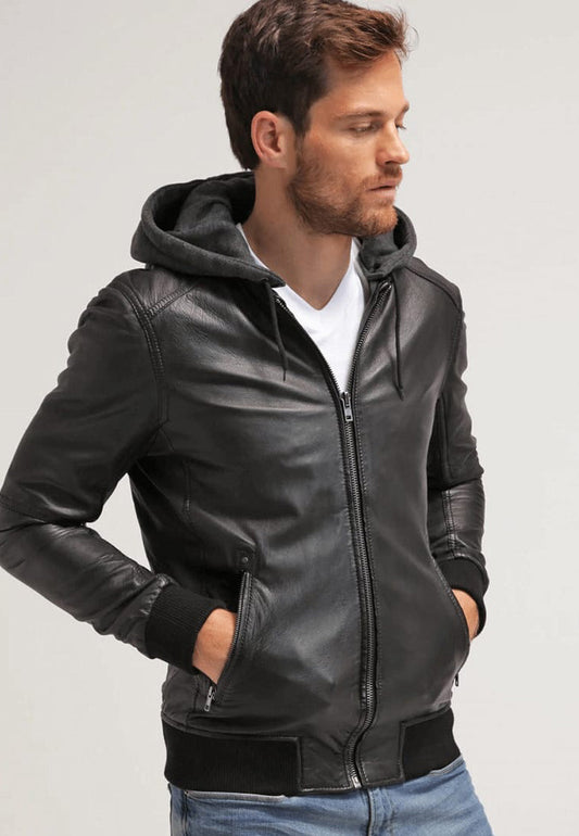 Men's Black Leather Hooded Bomber Jacket