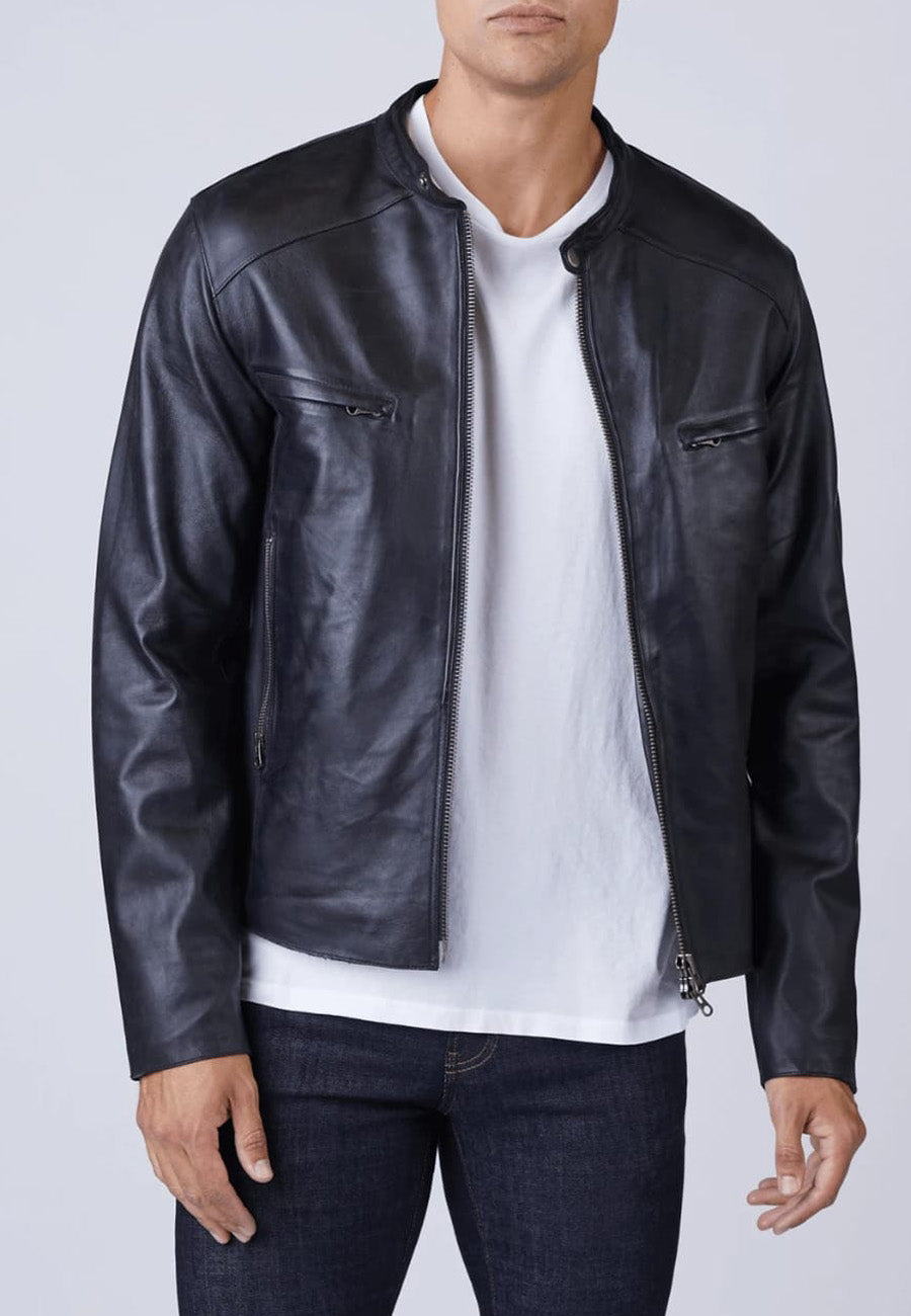 Men's Black Leather Jacket Crew Neck